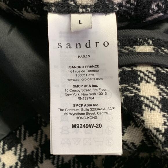 SANDRO Size L Black White Checkered Wool Blend Buttoned Coat - Picture 9 of 11